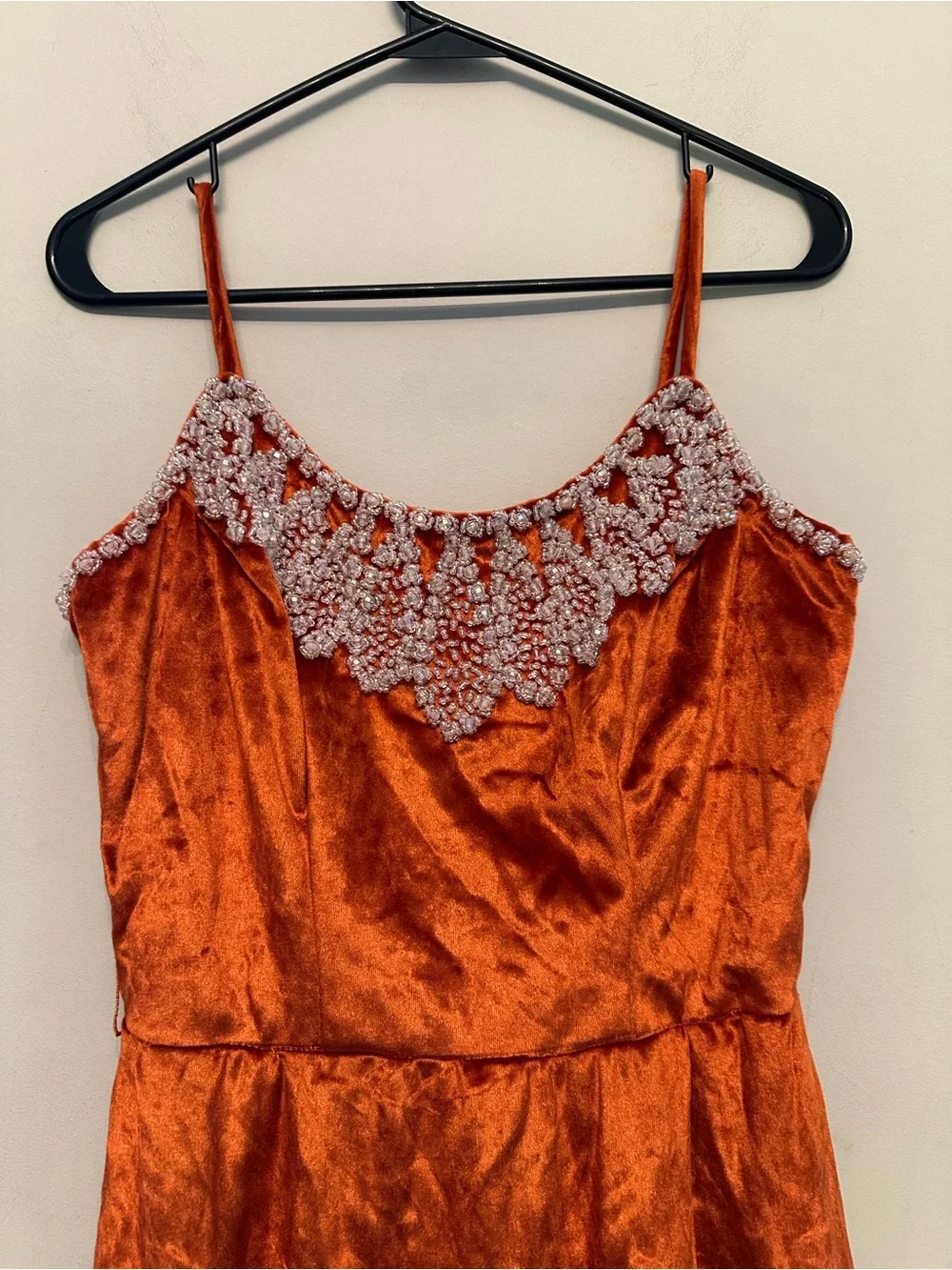 True Vintage Handmade Rust Orange Velvet Maxi Dress with Beaded Lace Trim S/M